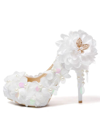 Women's Wedding Shoes Decorative White Lace Floral Wedding Heels Bridal Shoes, H85