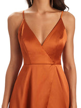 Spaghetti Straps V-neck Soft Satin Side Slit Long Modern Bridesmaid Dresses Online