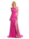 Elegant Asymmetrical Off Shoulder Soft Satin Side Slit Floor-Length Mermaid prom Dresses