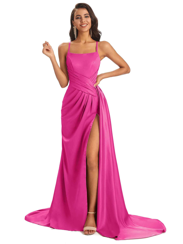 Sexy Soft Satin Side Slit Spaghetti straps Floor-Length A-line prom Dresses  - ChicSew