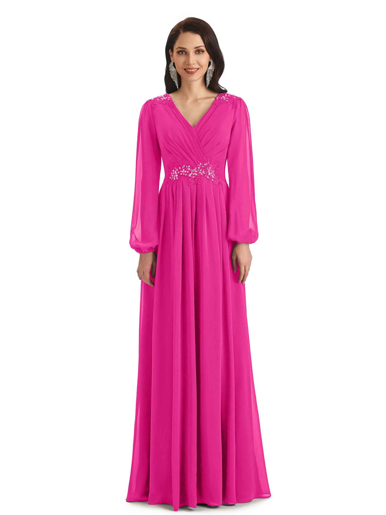 Modern Chiffon Long Sleeves V-neck Long Mother of The Bride