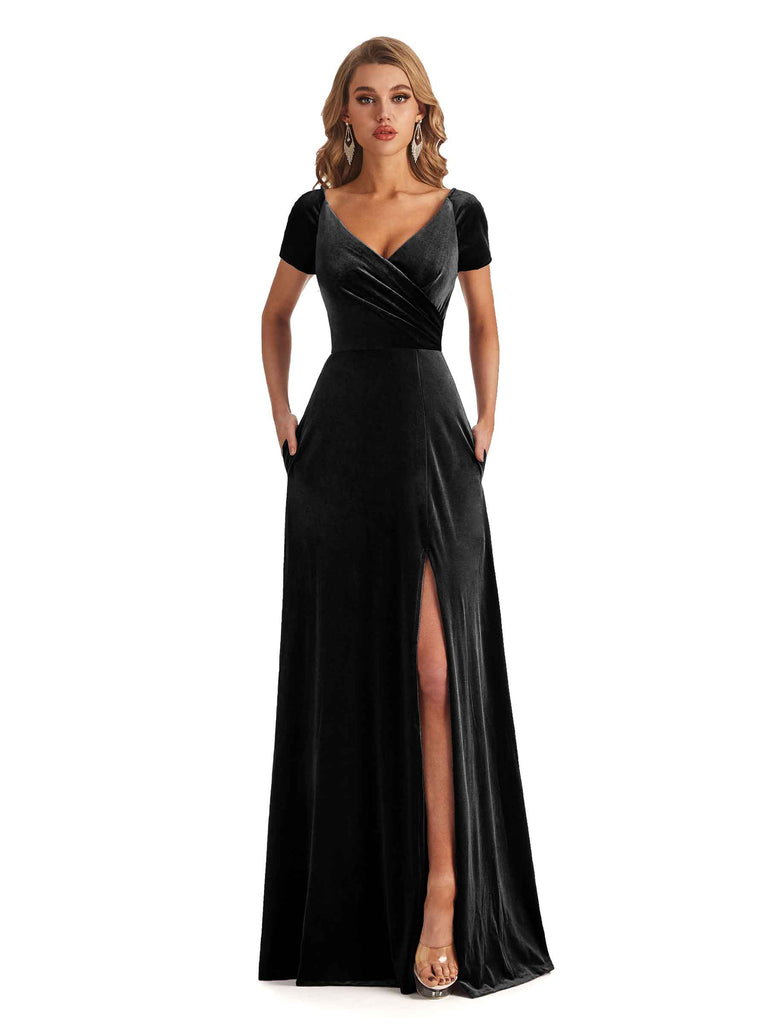 ChicSew Elegant Sheath Velvet Short Sleeves Side-Split Long Blue Bridesmaid Dresses Online/Modern Blue Bridesmaid Dresses, Dark-Navy ChicSew Elegant Sheath Velvet Short Sleeves Side-Split Long Blue Bridesmaid Dresses Online/Modern Blue Bridesmaid Dresses, Dark-Navy