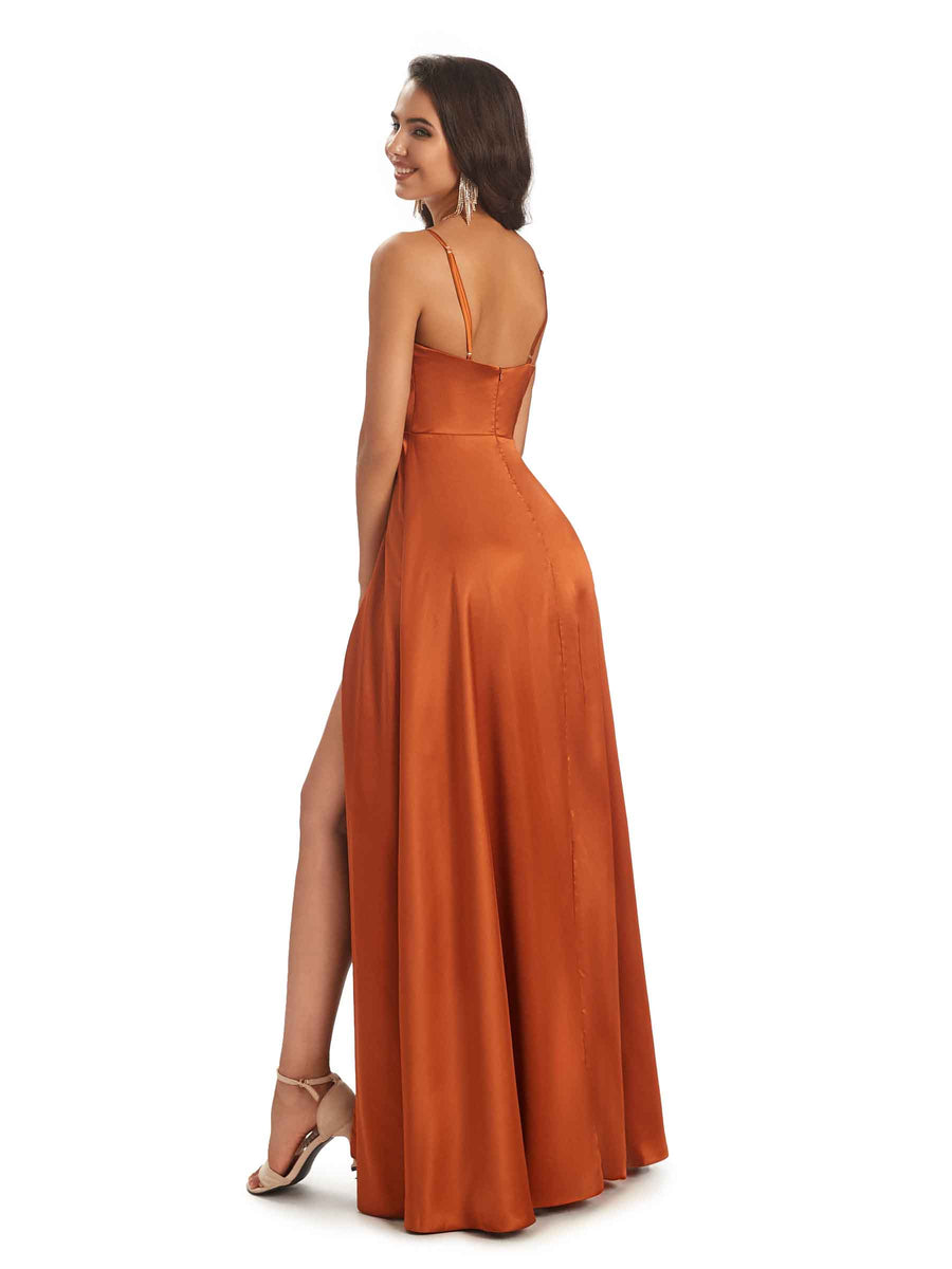 Spaghetti Straps V-neck Soft Satin Side Slit Long Modern Bridesmaid Dresses Online