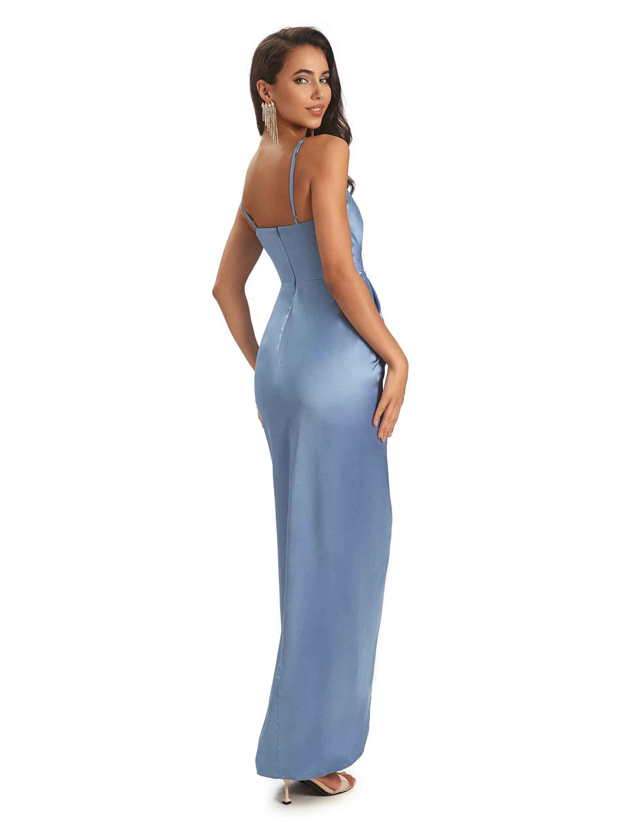 High Low Spaghetti Straps Mermaid Asymmetrical Soft Satin Bridesmaid Dresses Online