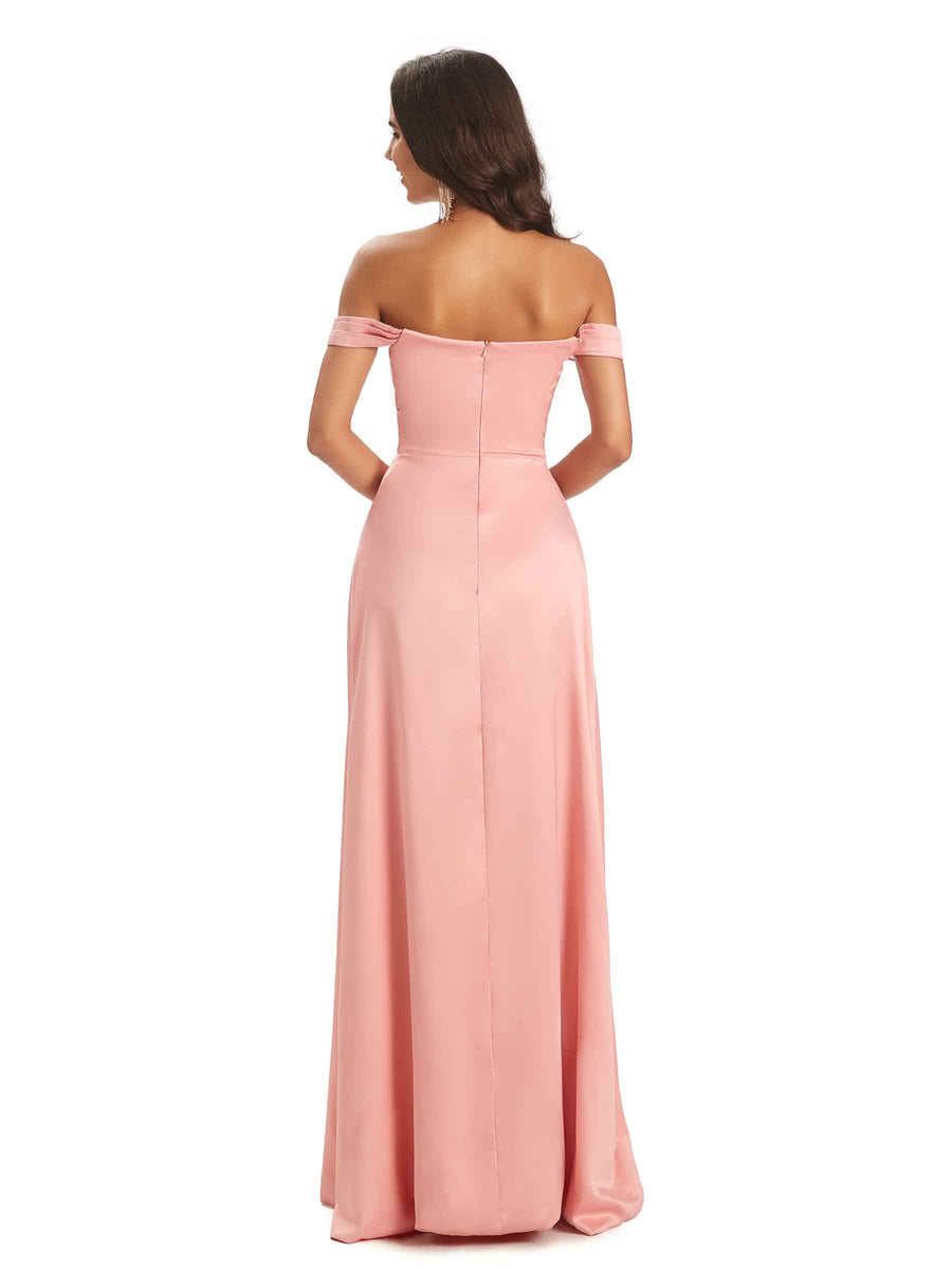 Sexy Side Slit Off The Shoulder Maxi Long Soft Satin Bridesmaid Dresses Online