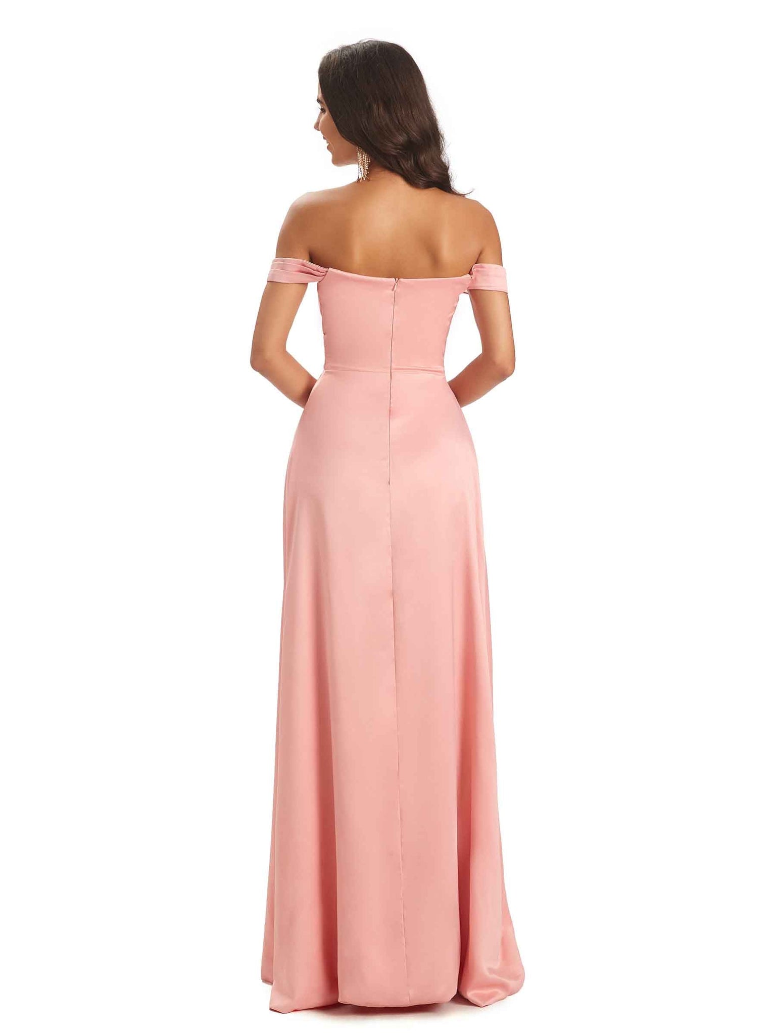 Sexy Side Slit Off The Shoulder Long Soft Satin Womens Wedding Guest Dresses