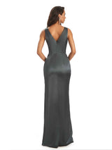 Soft Satin Front Slit V-neck Unique Long Bridesmaid Dresses Online
