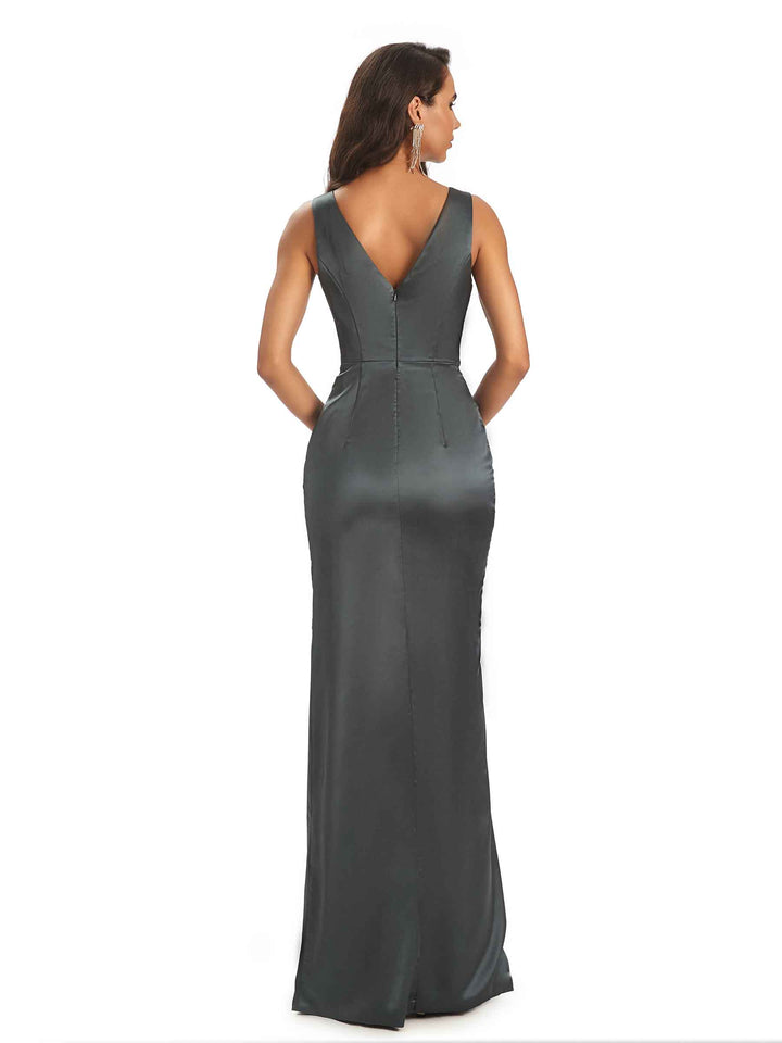 Soft Satin Front Slit V-neck Unique Long Bridesmaid Dresses Online