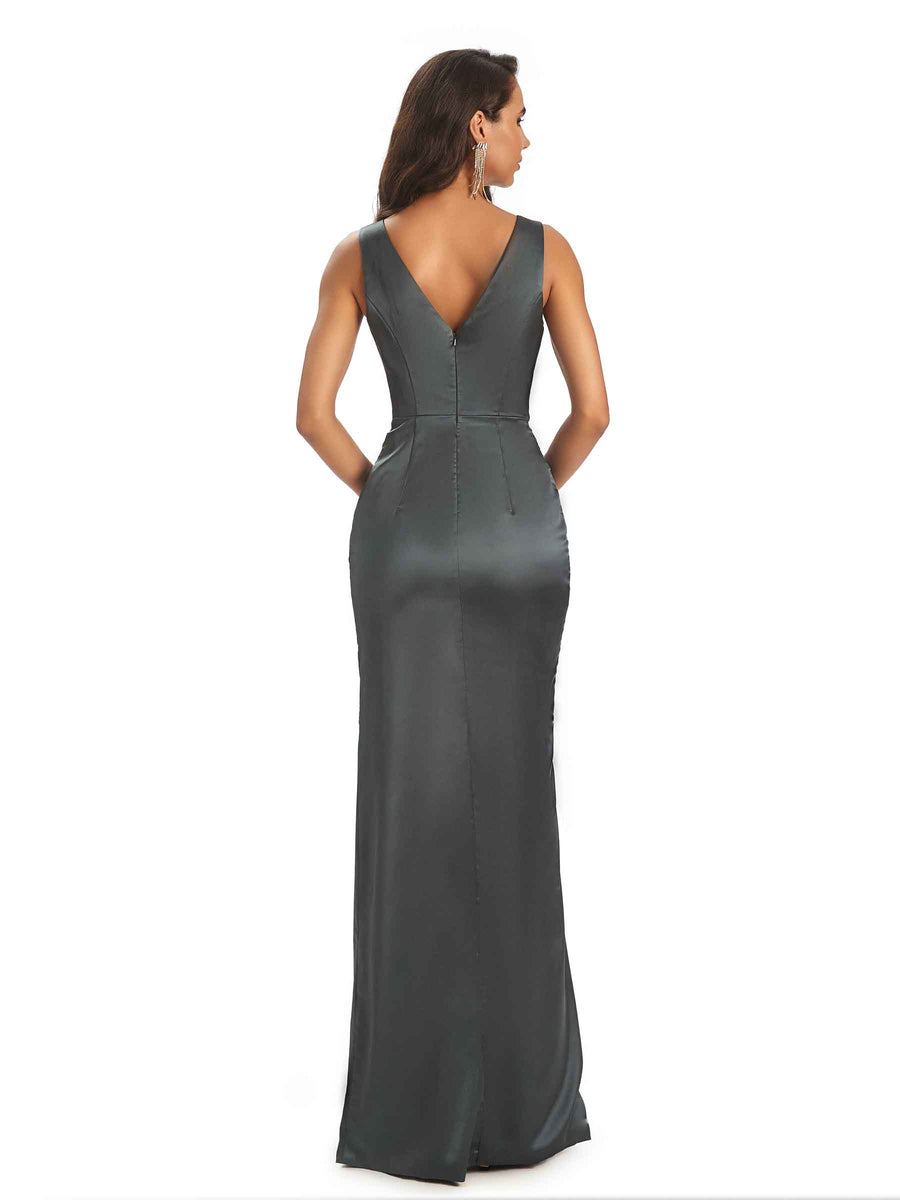 Soft Satin Front Slit V-neck Unique Long Bridesmaid Dresses Online