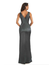 Sexy Satin V-neck Silky Satin Maxi Evening Prom Dresses With Slit Online For Sale
