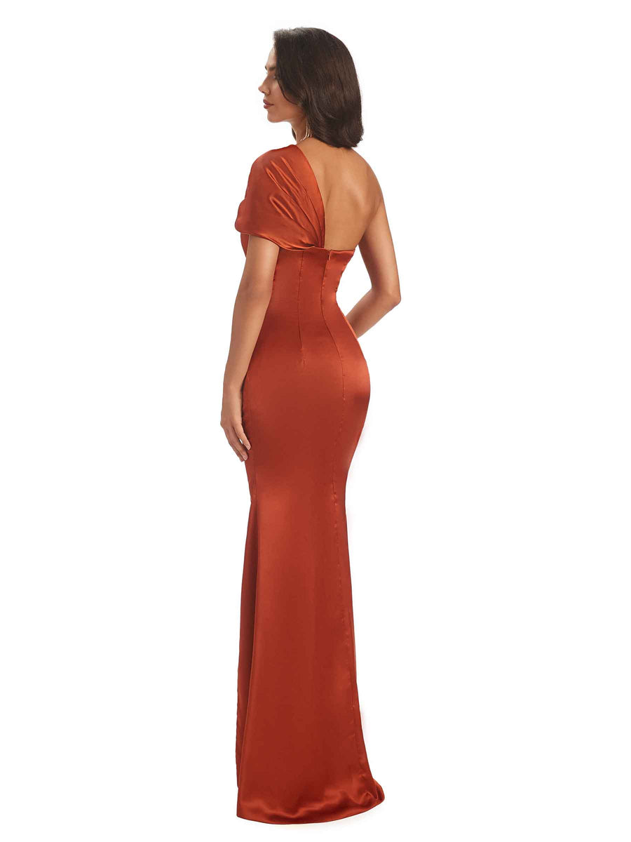 Soft Satin Side Slit One Shoulder Unique Long Sheath Bridesmaid Dresses