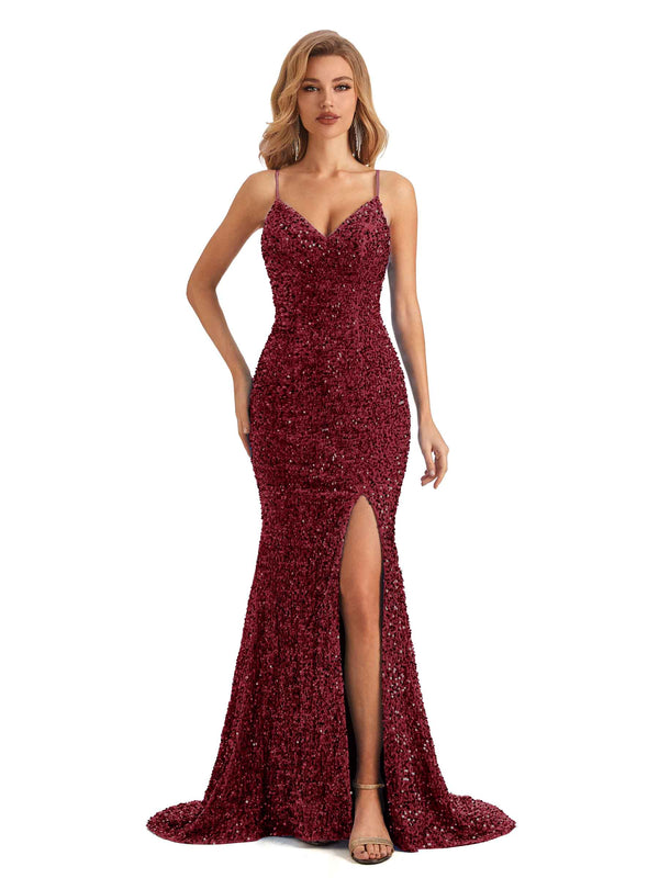 Sparkly Sequin Mermaid Spaghetti Straps Sexy Side Slit Long Formal Prom ...