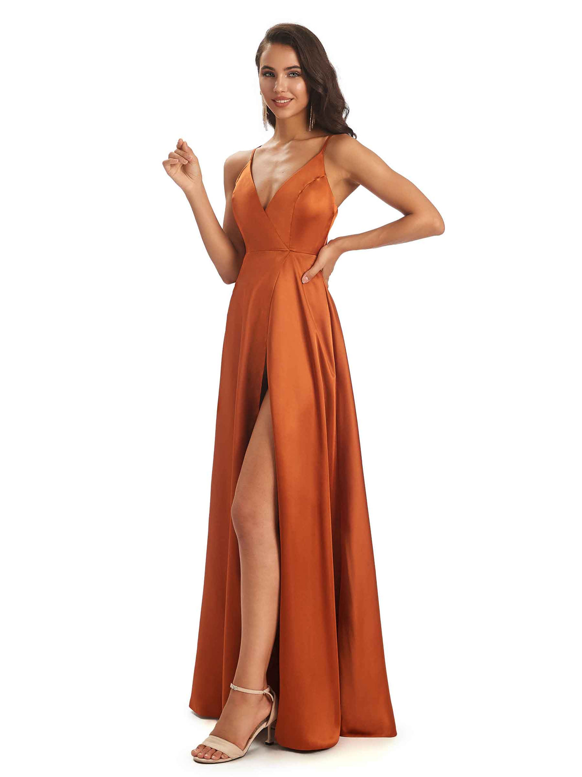 Spaghetti Straps V-neck Soft Satin Side Slit Long Modern Bridesmaid Dresses Online