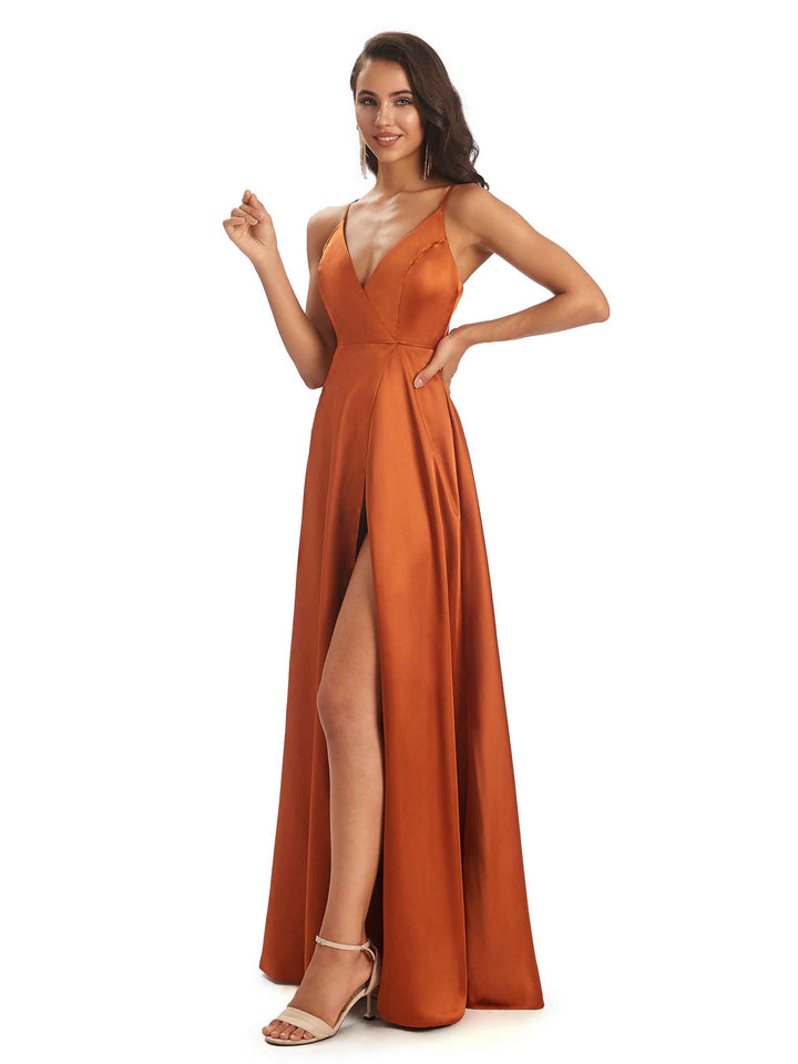 Spaghetti Straps V-neck Soft Satin Side Slit Long Modern Bridesmaid Dresses Online