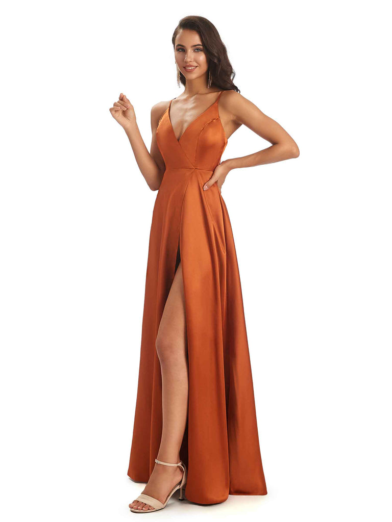 Spaghetti Straps V-neck Soft Satin Side Slit Long Modern Bridesmaid Dresses Online