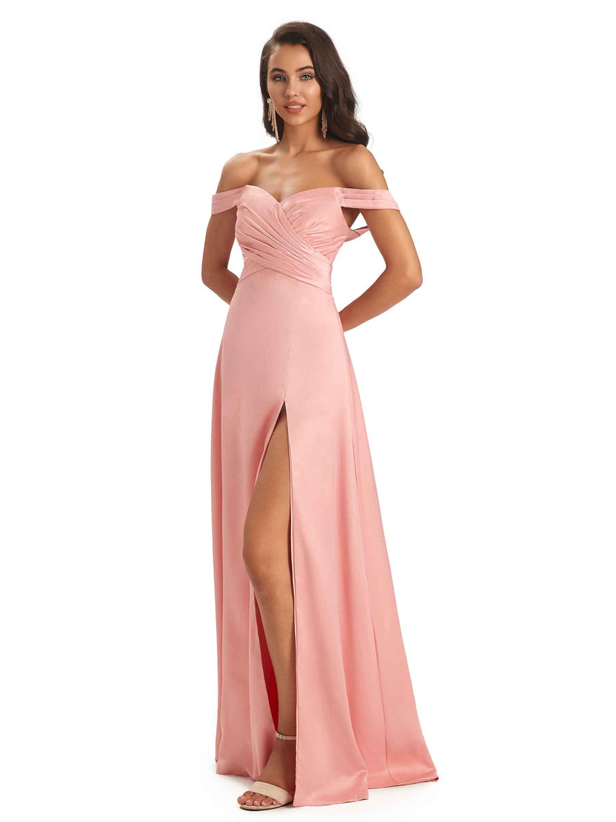 Sexy Side Slit Off The Shoulder Maxi Long Soft Satin Bridesmaid Dresses Online