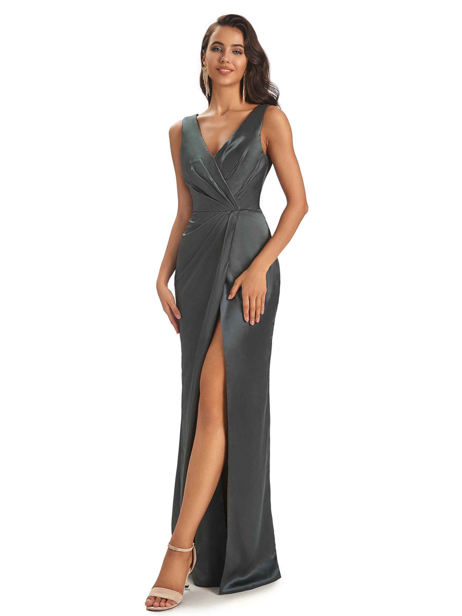 Soft Satin Front Slit V-neck Unique Long Bridesmaid Dresses Online