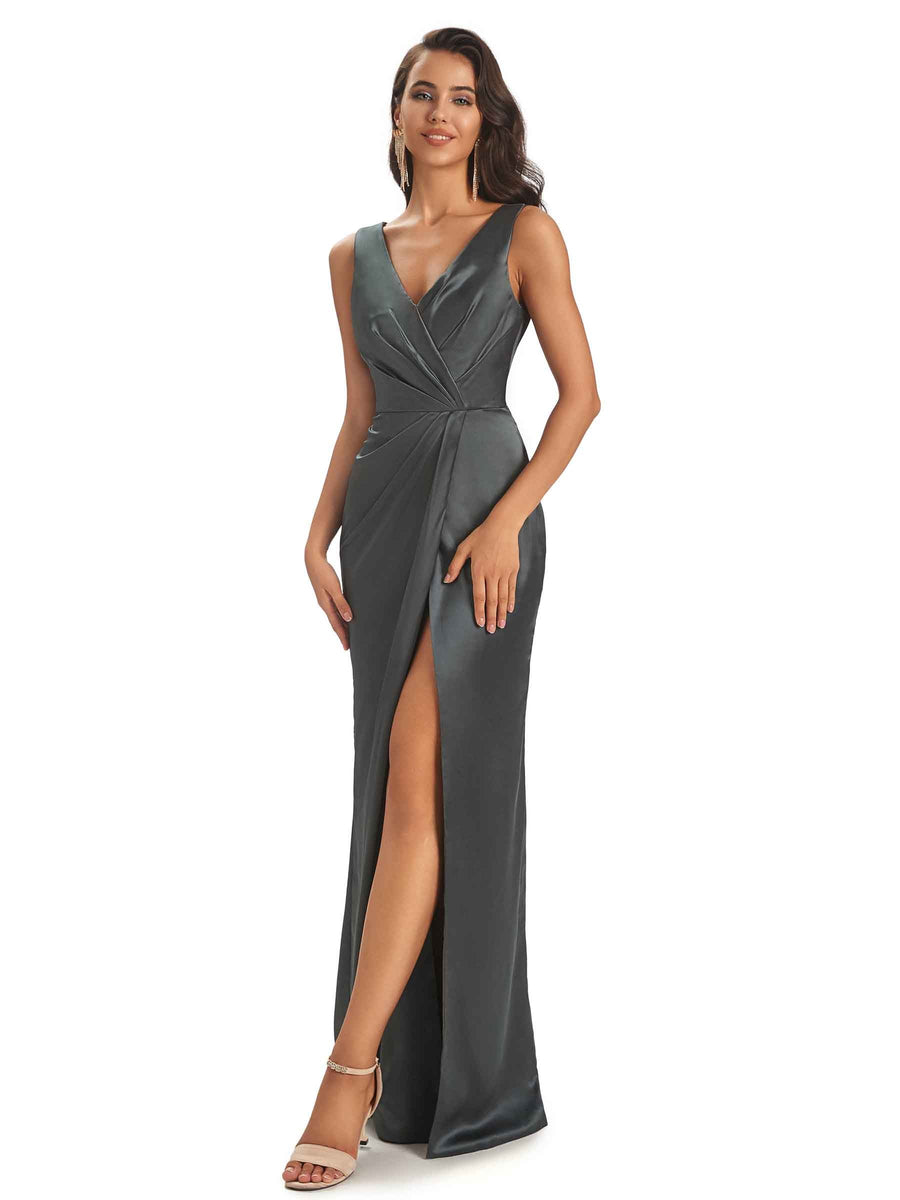 Sexy Satin V-neck Silky Satin Maxi Evening Prom Dresses With Slit Online For Sale