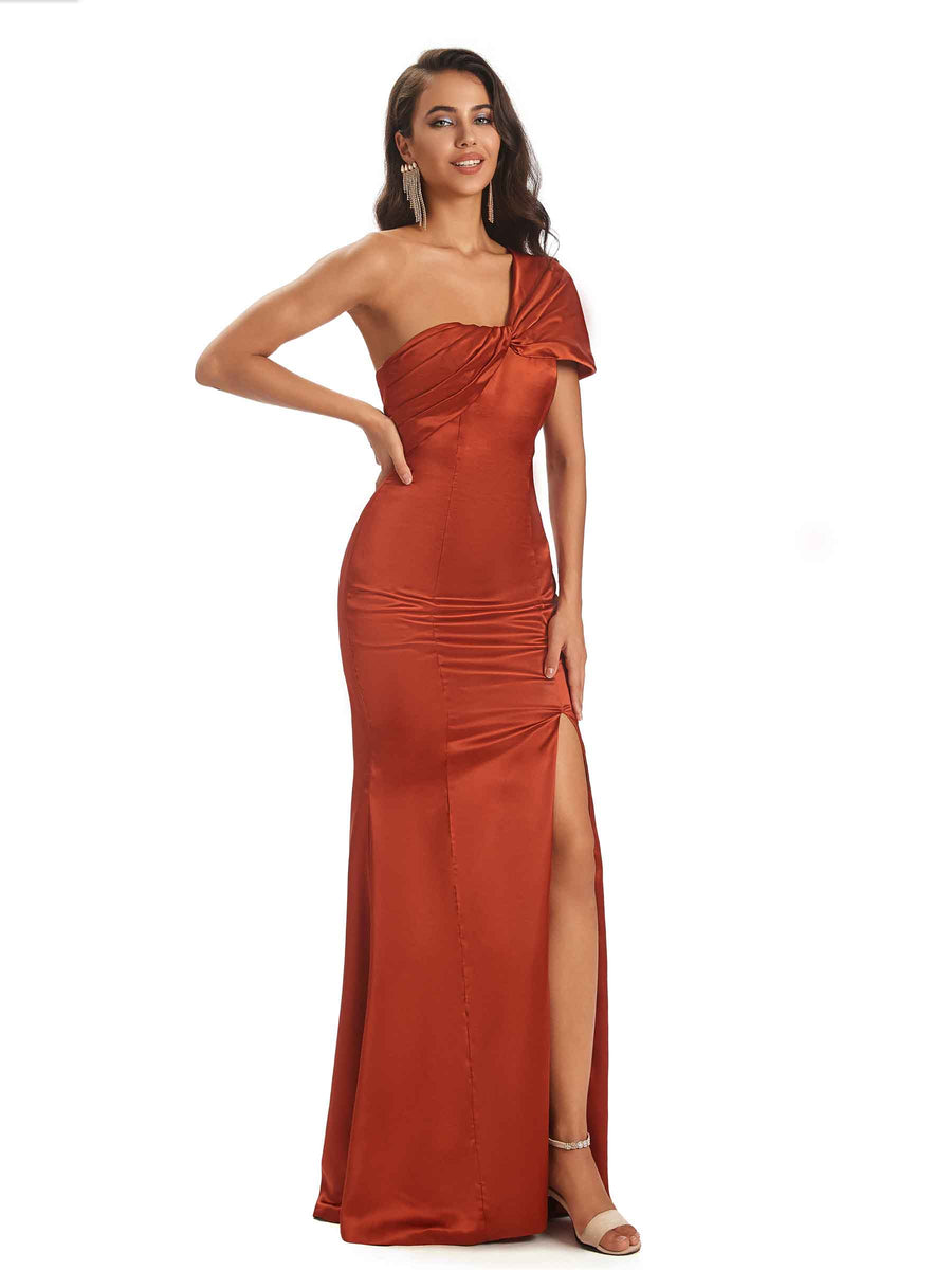 Soft Satin Side Slit One Shoulder Unique Long Sheath Bridesmaid Dresses