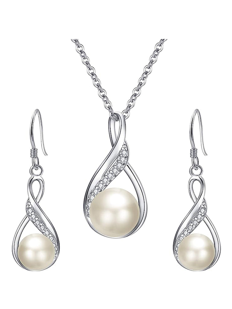 Fdesigner Bridal Jewelry Set – Silver Rhinestone & Pearl Necklace & Earrings For Bride & Bridesmaids