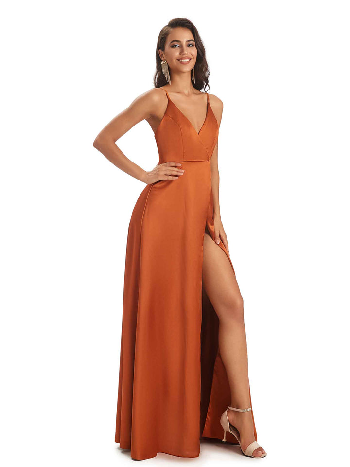 Spaghetti Straps V-neck Soft Satin Side Slit Long Modern Bridesmaid Dresses Online