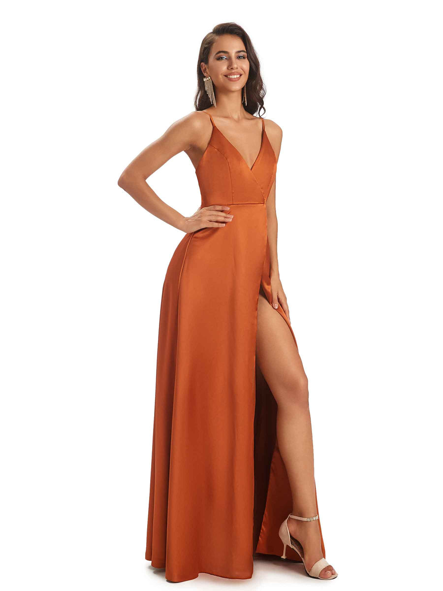 Spaghetti Straps V-neck Soft Satin Side Slit Long Modern Bridesmaid Dresses Online