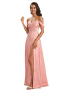 Sexy Side Slit Off The Shoulder Long Satin Maxi Formal Prom Dresses Online Sale