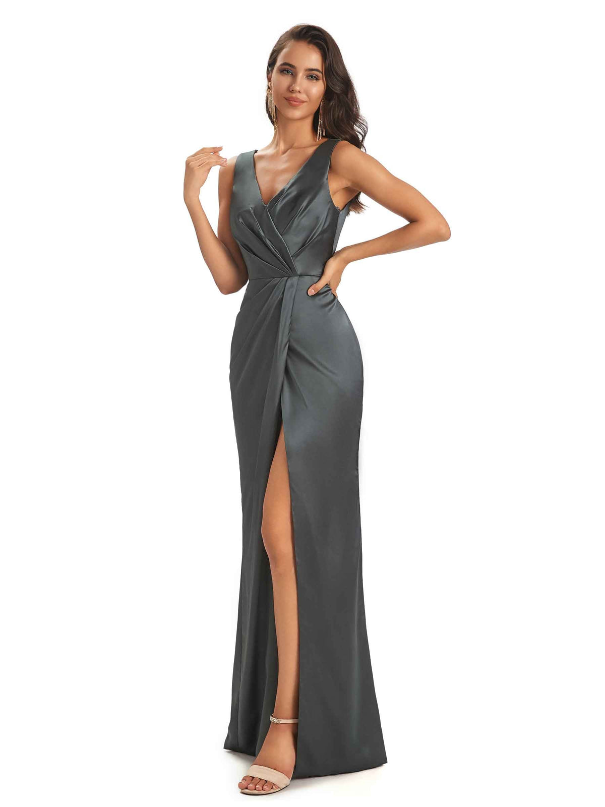 Sexy Satin V-neck Elegant Long Prom Dresses With Slit Online