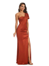 Soft Satin Side Slit One Shoulder Unique Long Sheath Bridesmaid Dresses