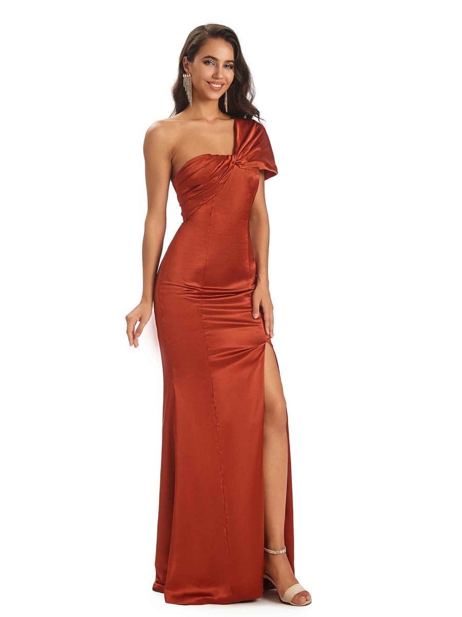 Soft Satin Side Slit One Shoulder Unique Long Sheath Bridesmaid Dresses