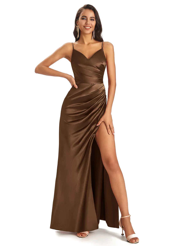 Chicsew Mix and Match Brown Satin Long Bridesmaid Dresses Sexy Side Split Mermaid / Mismatched Bridesmaid dresses, Brown / D Chicsew Mix and Match Brown Satin Long Bridesmaid Dresses Sexy Side Split Mermaid / Mismatched Bridesmaid dresses, Brown / D