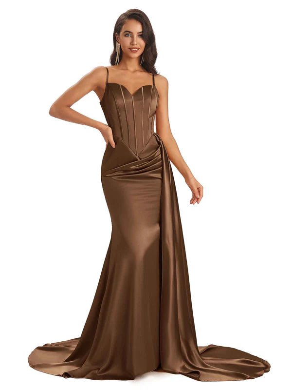 Mismatched Brown Sexy Side Slit Mermaid Soft Satin Long Bridesmaid Dresses Online