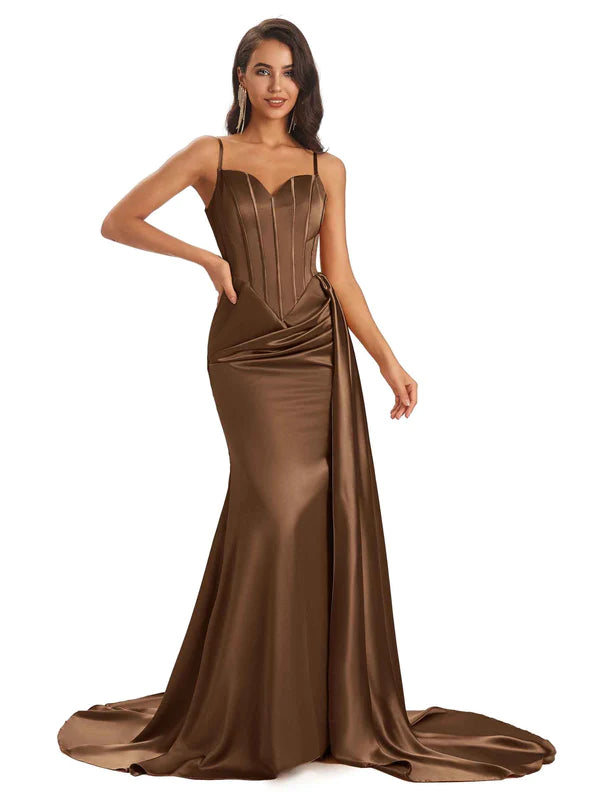 Chicsew Mix and Match Brown Satin Long Bridesmaid Dresses Sexy Side Split Mermaid / Mismatched Bridesmaid dresses, Brown / D Chicsew Mix and Match Brown Satin Long Bridesmaid Dresses Sexy Side Split Mermaid / Mismatched Bridesmaid dresses, Brown / D