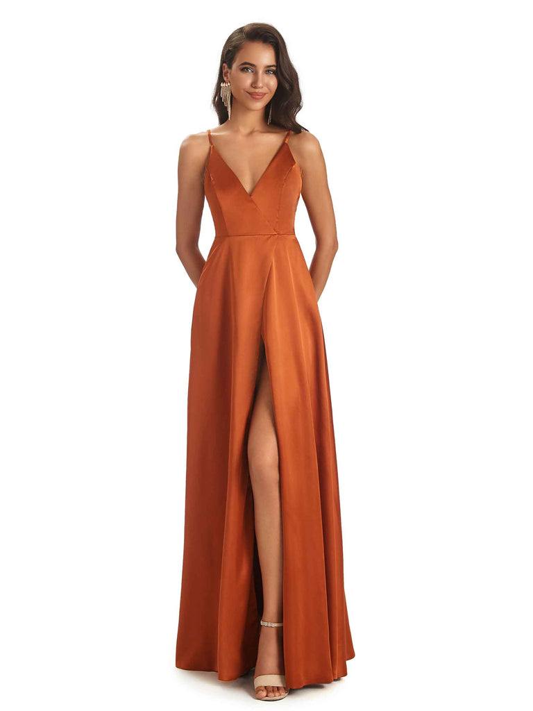 Spaghetti Straps V-neck Soft Satin Side Slit Long Modern Bridesmaid Dresses Online