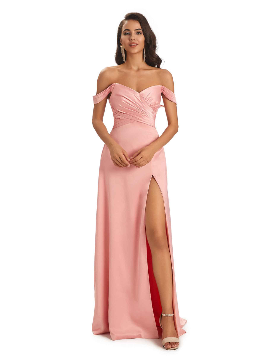 Sexy Side Slit Off The Shoulder Maxi Long Soft Satin Bridesmaid Dresses Online