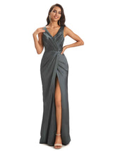 Soft Satin Front Slit V-neck Unique Long Bridesmaid Dresses Online