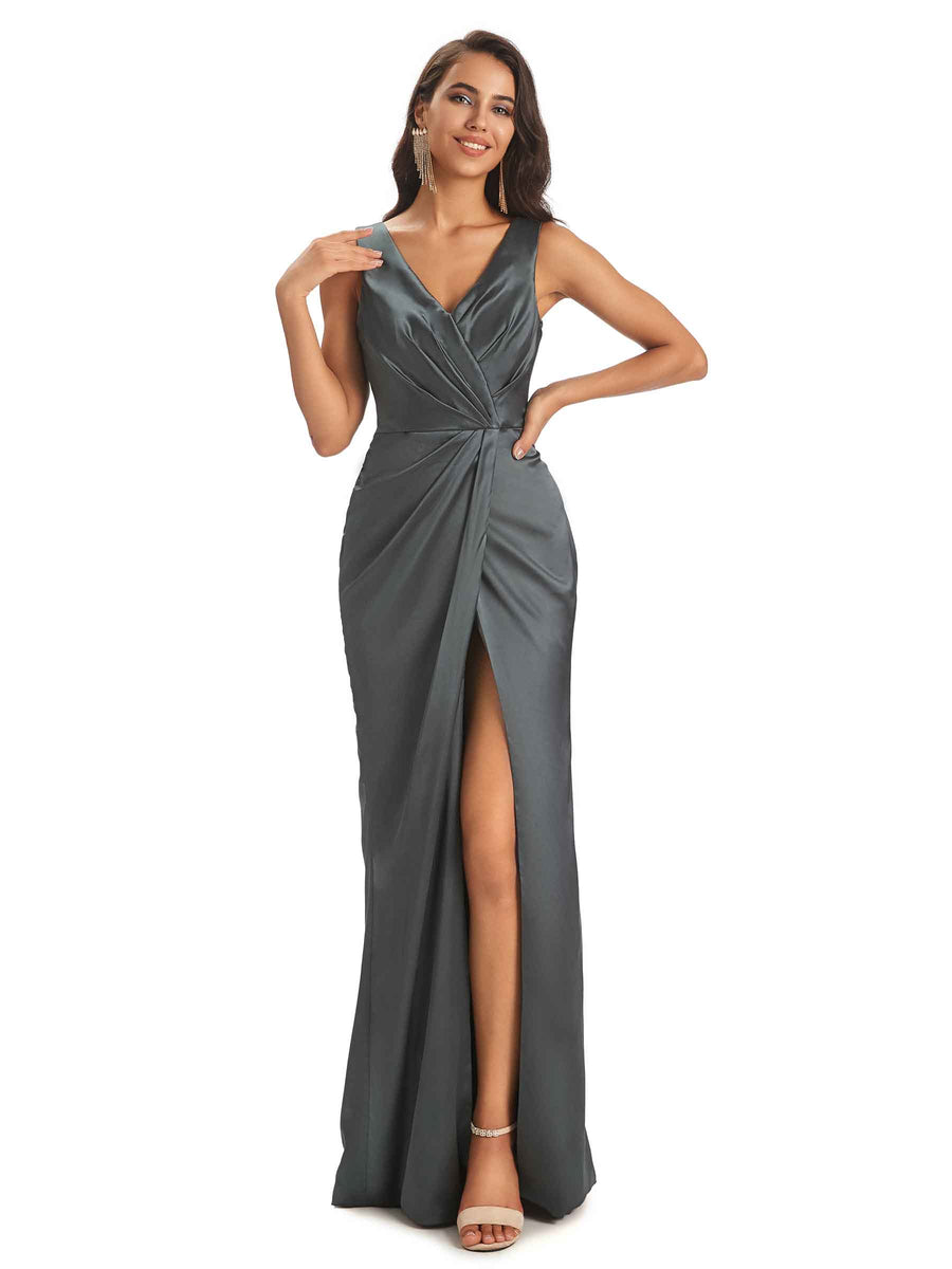 Soft Satin Front Slit V-neck Unique Long Bridesmaid Dresses Online