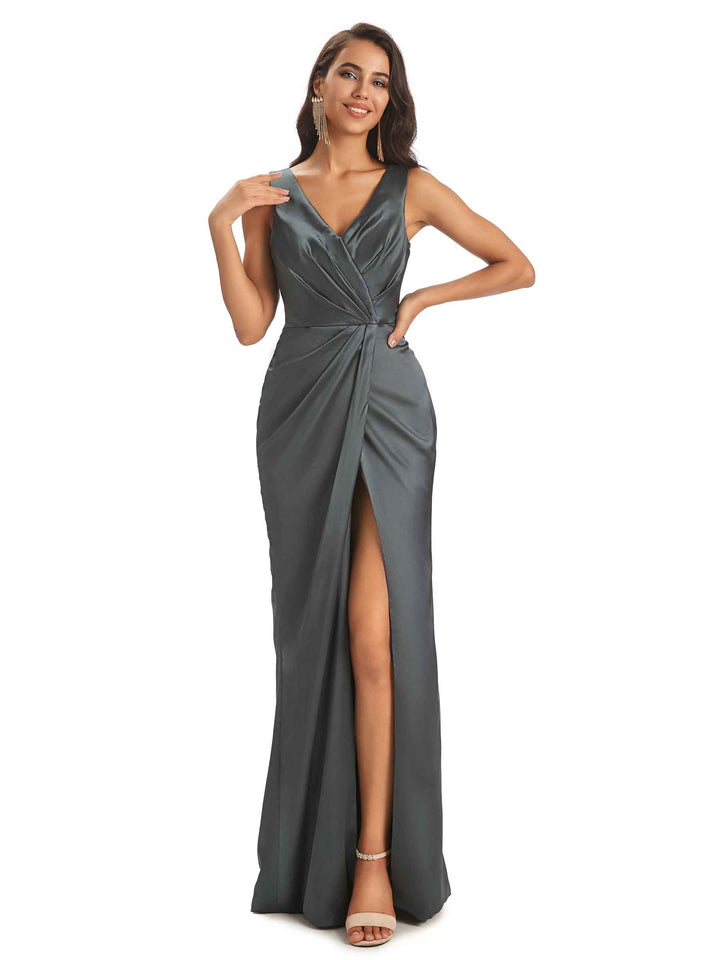 Sexy Satin V-neck Elegant Long Prom Dresses With Slit Online