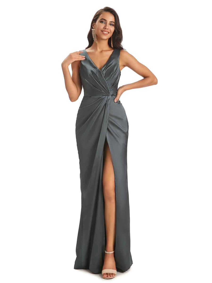 Sexy Satin V-neck Elegant Long Prom Dresses With Slit Online