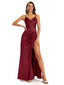 Sexy Soft Satin V-Neck Spaghetti Straps Side Slit Long Unique Wedding Guest Dresses