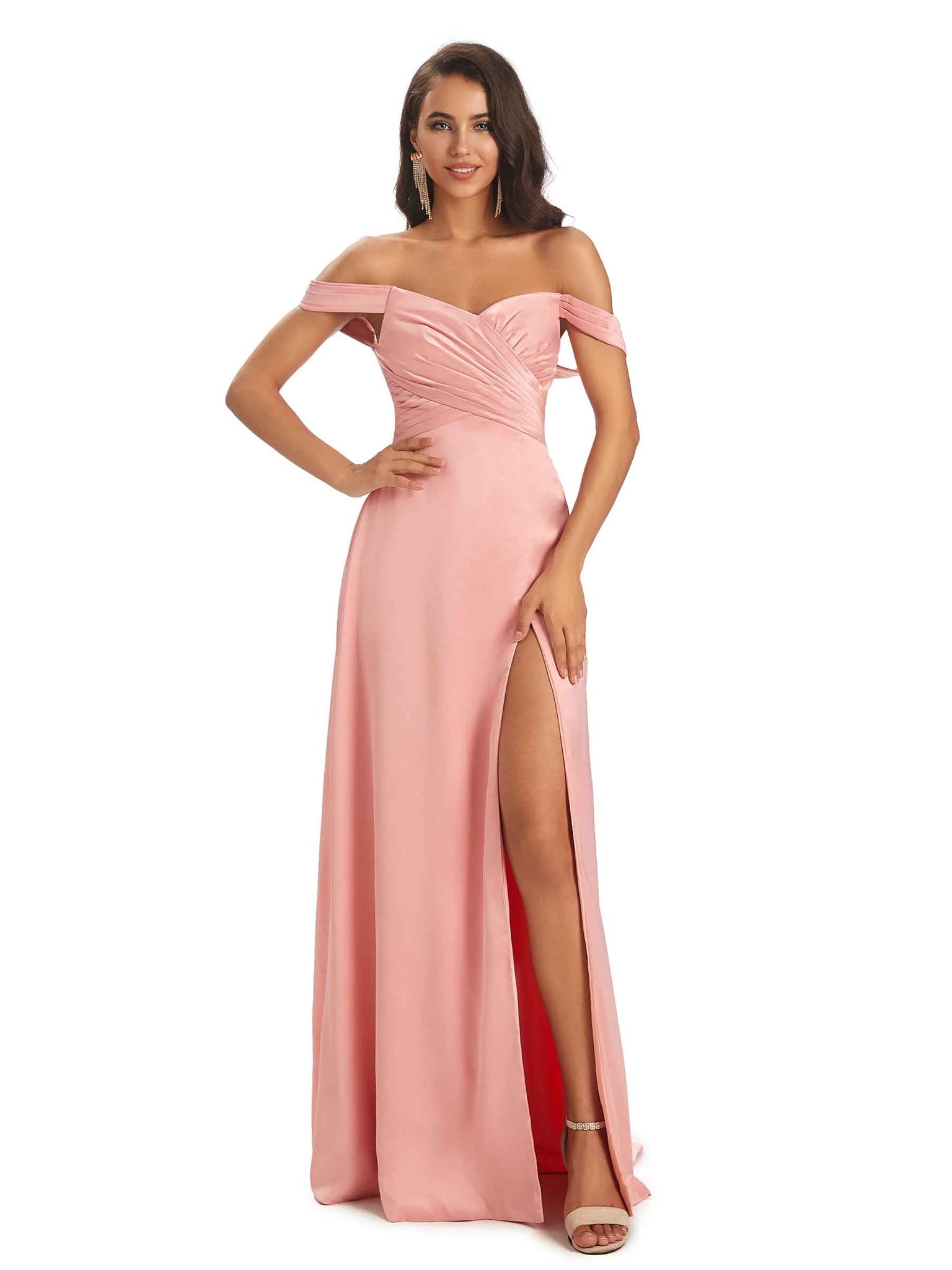 Sexy Side Slit Off The Shoulder Long Soft Satin Womens Wedding Guest Dresses