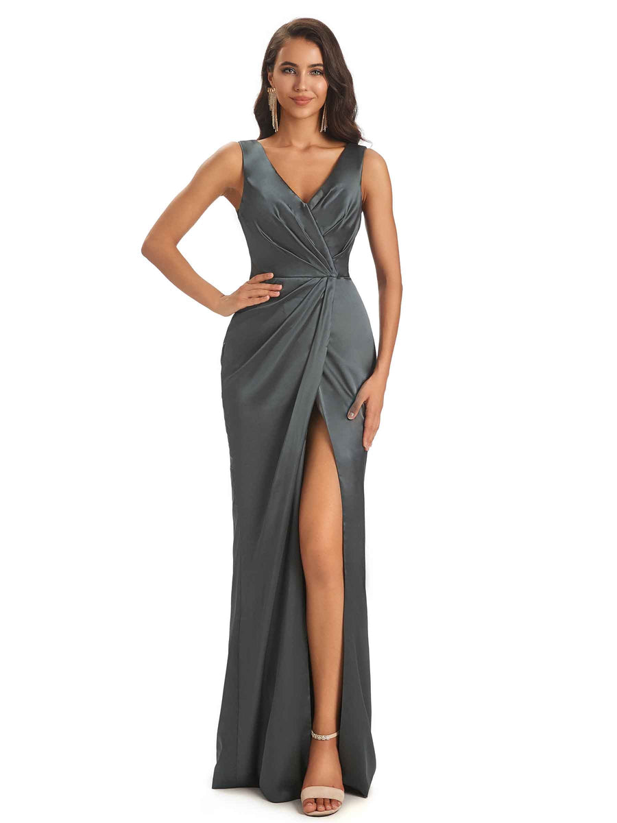 Sexy Satin V-neck Elegant Long Prom Dresses With Slit Online