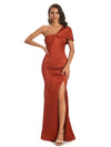 Soft Satin Side Slit One Shoulder Cap Sleeve Floor-Length Long Sheath Bridesmaid Dresses