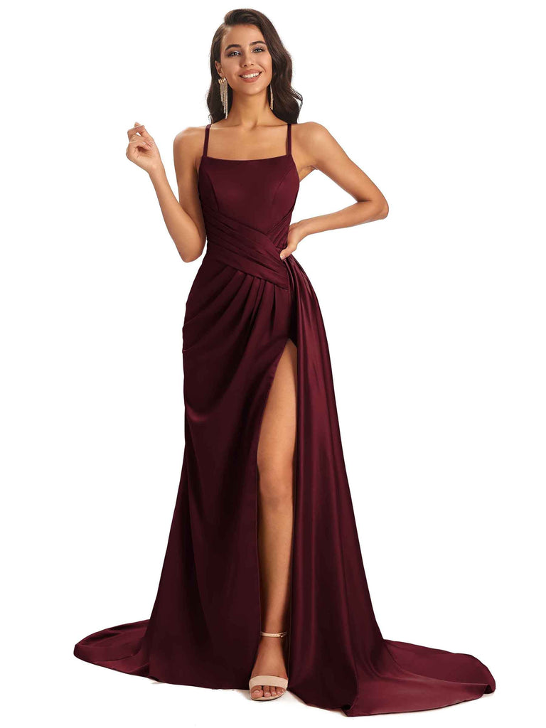 Sexy Soft Satin Side Slit Spaghetti Straps Long Wedding Guest Dresses  Online - ChicSew