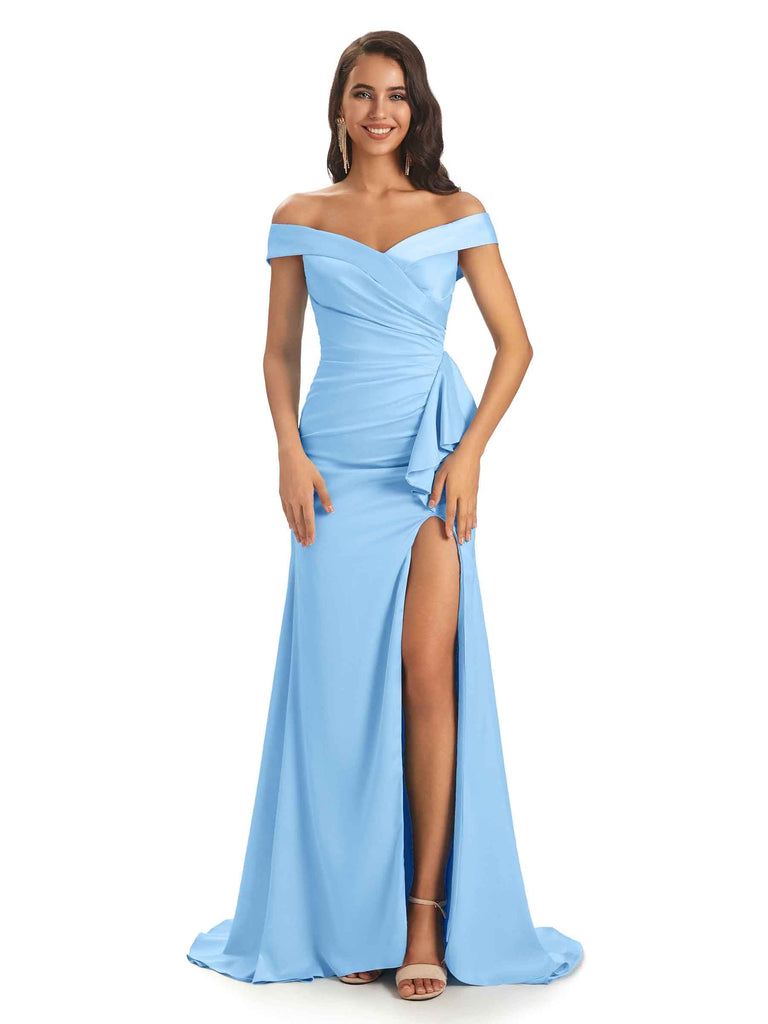 Stylish Off Shoulder Light Blue Long Prom Dress with High Slit, Off Sh –  abcprom