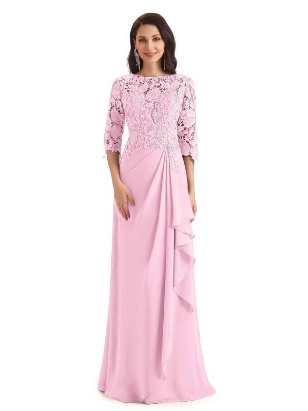 Elegant Chiffon Half Sleeves Lace Long Grandmother of The Bride Dresses