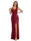 Sexy Satin V-neck Silky Satin Maxi Evening Prom Dresses With Slit Online For Sale