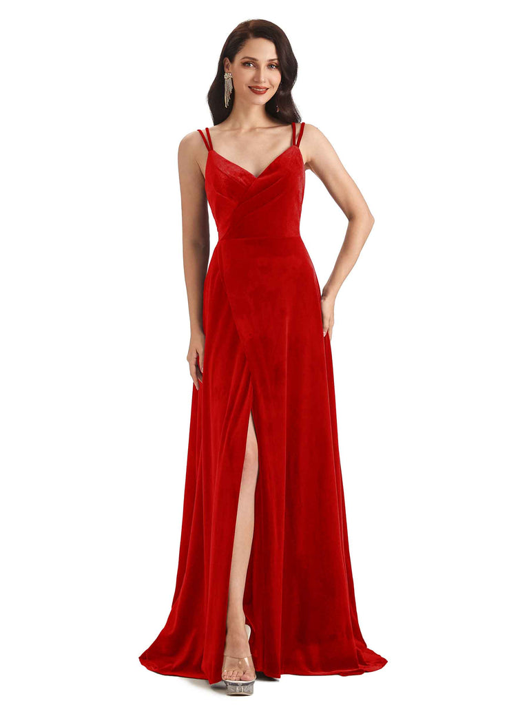 Sexy Open Back Side Slit Spaghetti Straps Velvet Long Bridesmaid