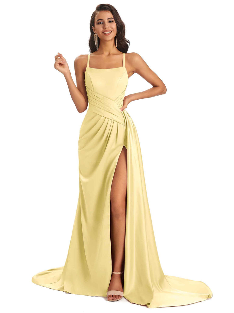 ALSLIAO Womens Sexy Satin High Slit Dress Spaghetti Strap Midi Dresses 