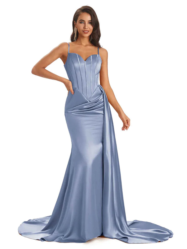 Chicsew Mismatched Dusty Blue Satin Long Bridesmaid Dresses Sexy Side Split Mermaid / Mix and Match Bridesmaid dresses, Dusty-Blue / B Chicsew Mismatched Dusty Blue Satin Long Bridesmaid Dresses Sexy Side Split Mermaid / Mix and Match Bridesmaid dresses, Dusty-Blue / B